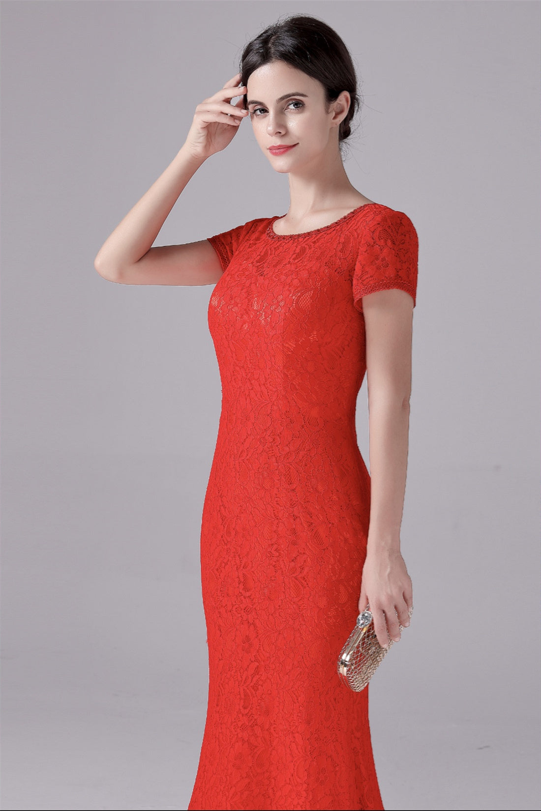 Mermaid Jewel Lace Floor-Length Short sleeves Vintage mother's dress