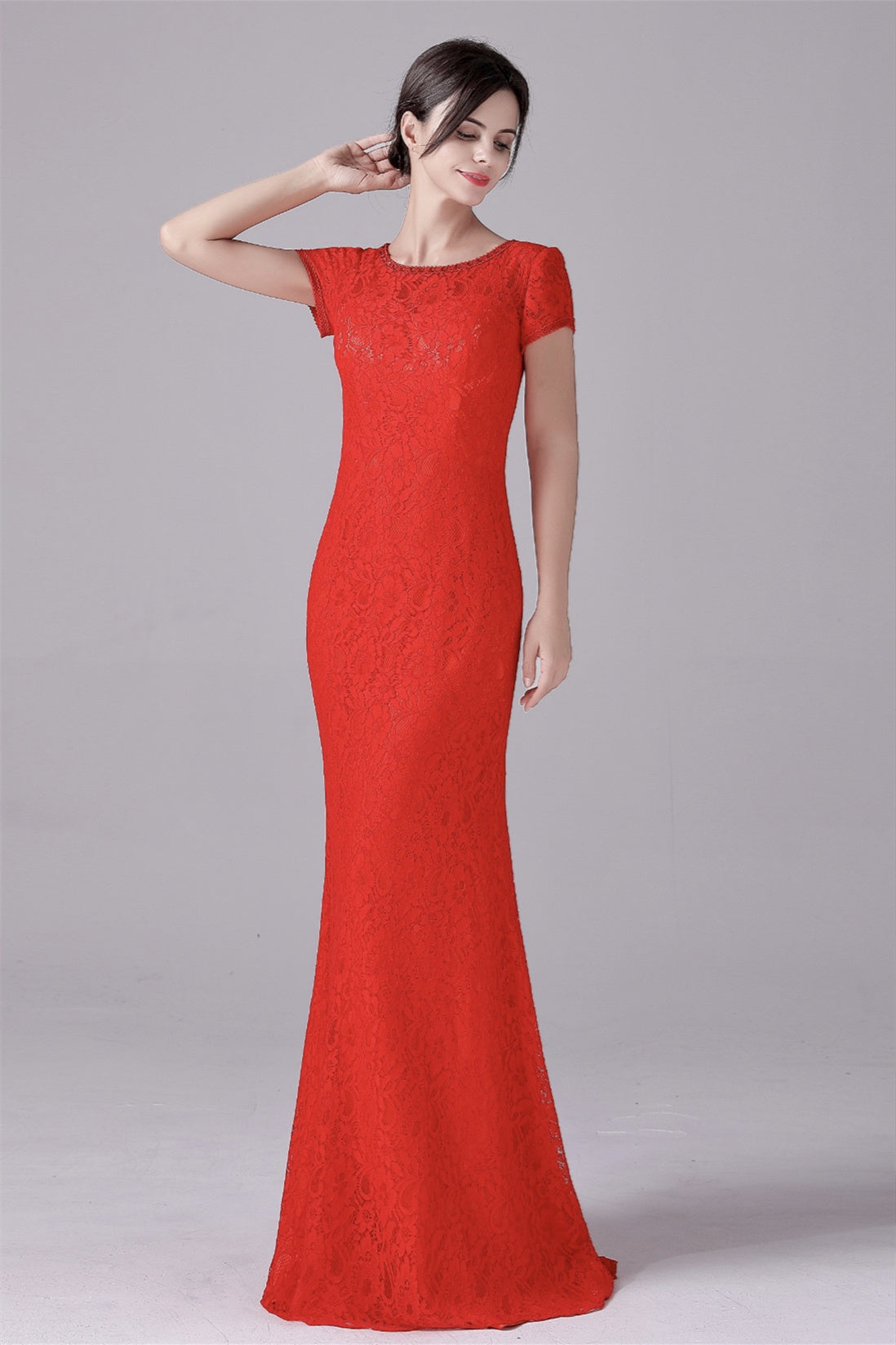 Mermaid Jewel Lace Floor-Length Short sleeves Vintage mother's dress