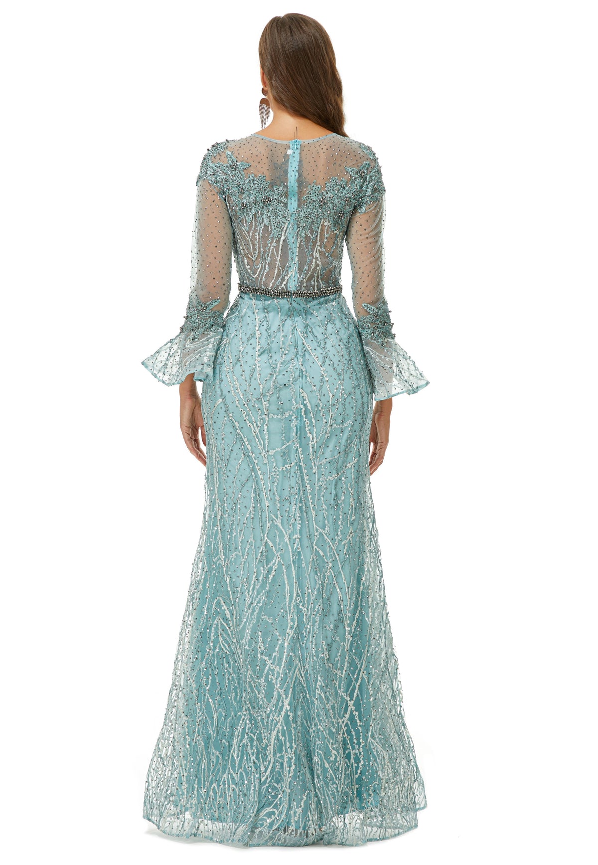 Mermaid Jewel Lace Sequined Ankle Lengt Long Sleeve Prom Dress