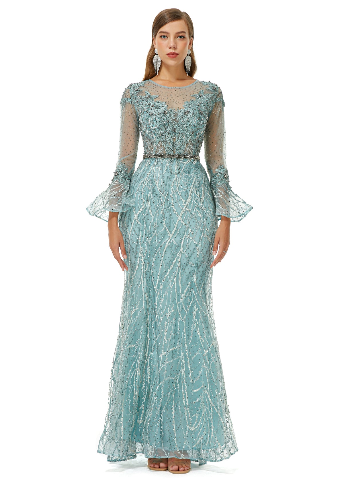 Mermaid Jewel Lace Sequined Ankle Lengt Long Sleeve Prom Dress