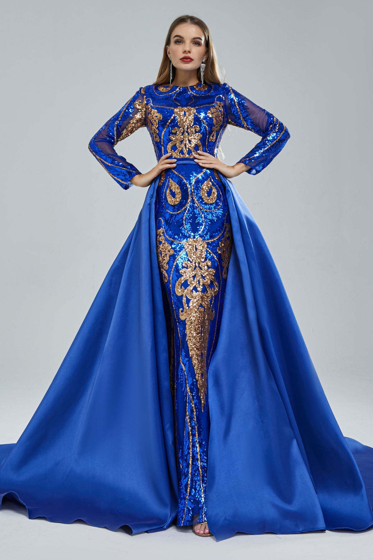 Mermaid Jewel Lace Sequined Floor-Length Long Sleeve Detachable Train Elegant Prom Dress