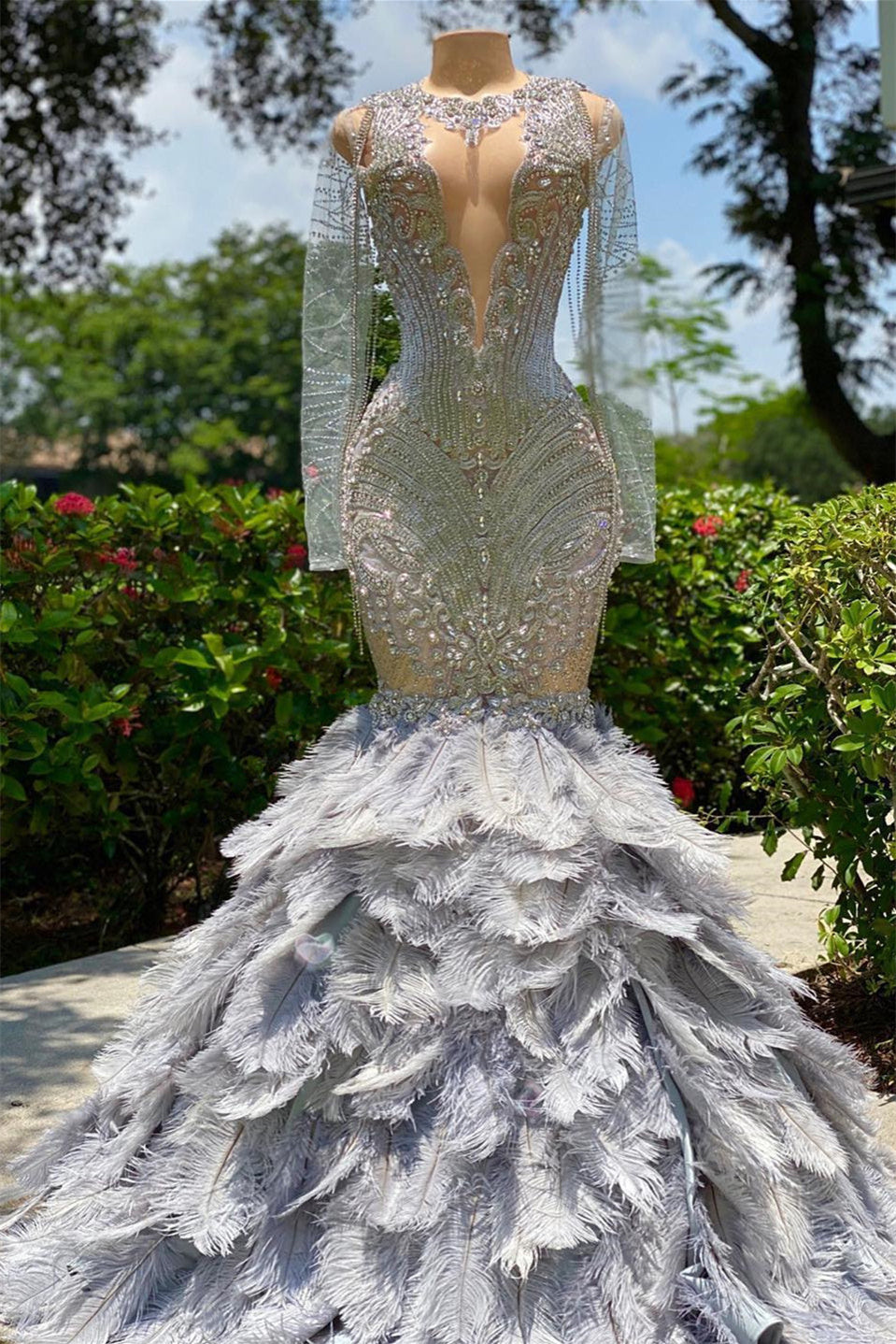 Mermaid Jewel Lace Sequined Open Back Floor-Length Long Sleeve Lace Beading Prom Dress With Feather