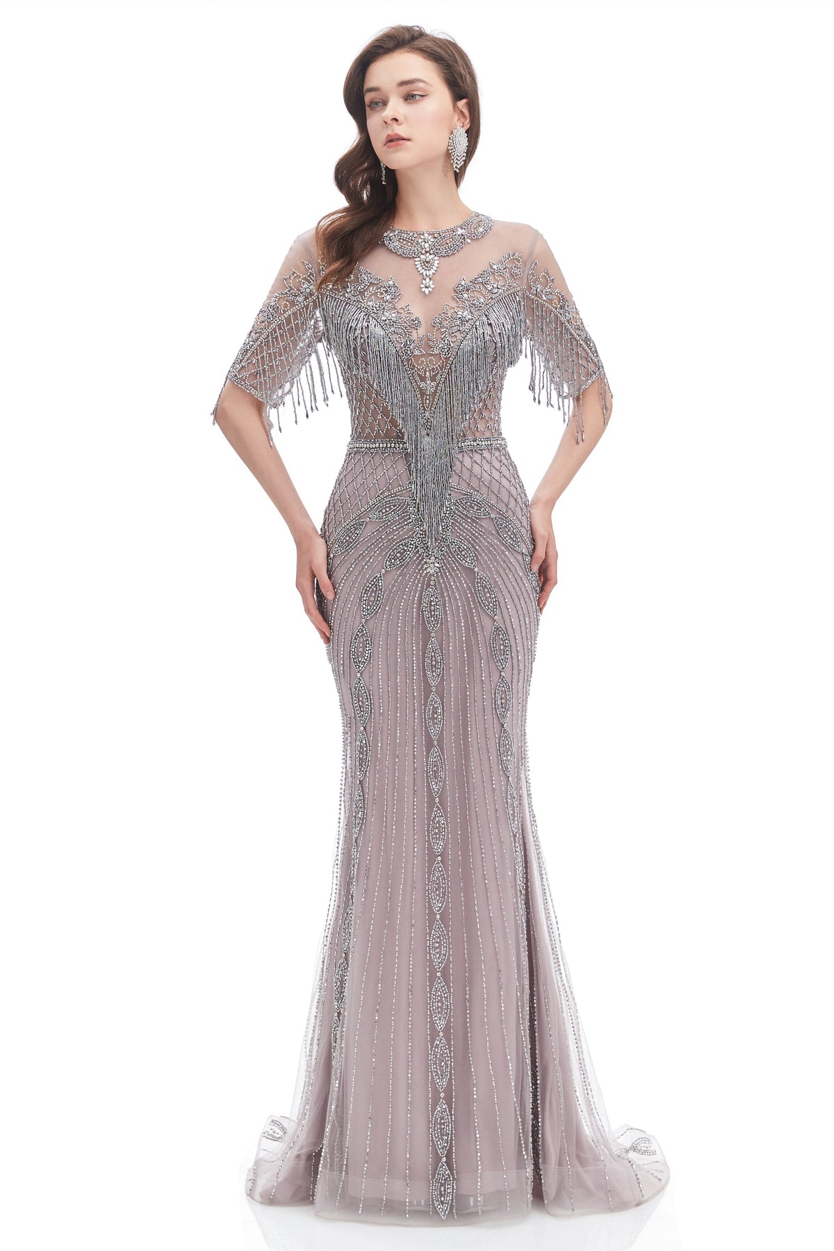 Mermaid Jewel Sequined Floor-Length Half Sleeves Beading Prom Dress