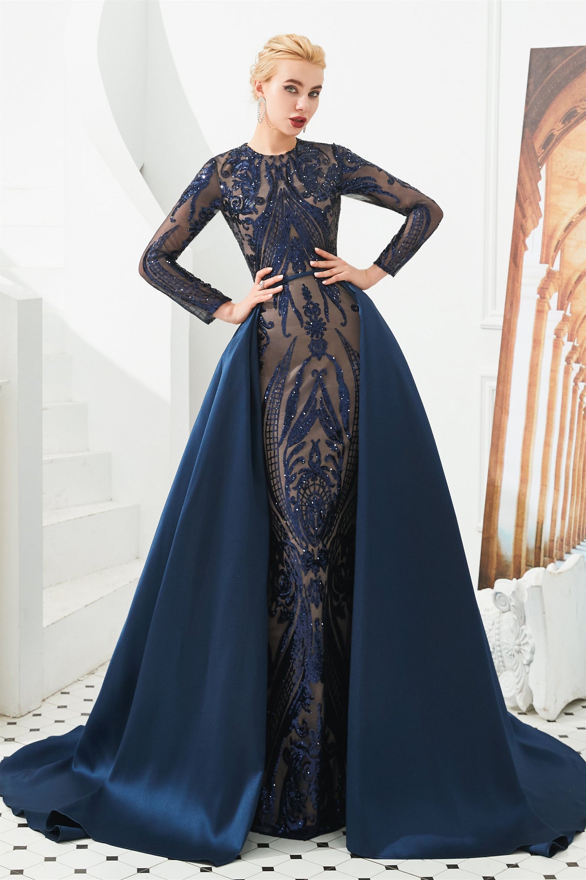 Mermaid Jewel With Detachable Train Sequined Floor-Length Long Sleeve Appliques Lace Prom Dress