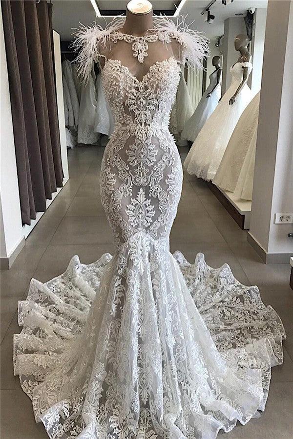 Mermaid Lace Crystals Necklace Wedding Dress Bridal Wears with Feather (ZD13882)
