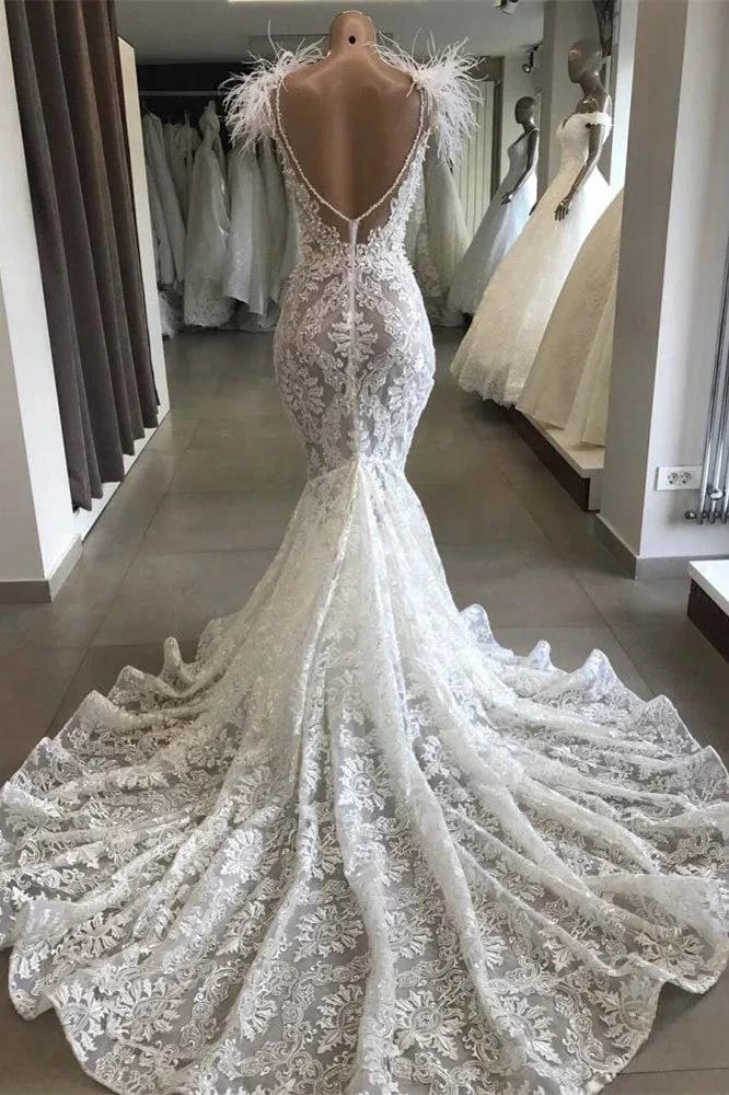 Mermaid Lace Crystals Necklace Wedding Dress Bridal Wears with Feather (ZD13882)