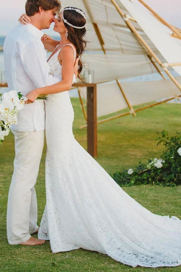 Mermaid Lace V-neck Court Train Beach Wedding Dress (ZD15447)