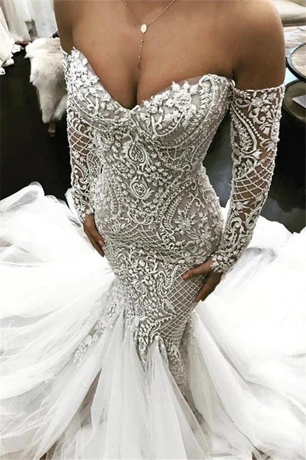 Mermaid New Arrival Long Sleeves Wedding Dress Off-the-Shoulder Lace New Arrival Bridal Wears (ZD13873)