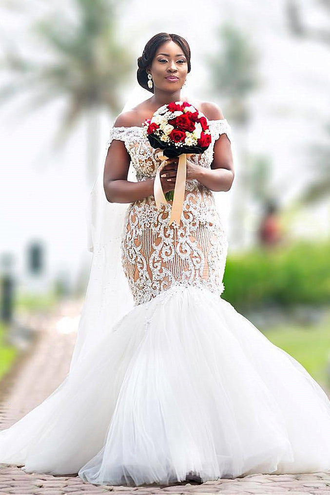 Mermaid Off-the-shoulder Floor-Length Tulle Applique Wedding Dress