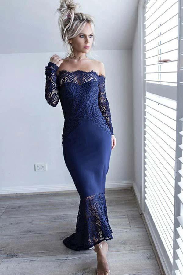 Mermaid Off-the-Shoulder Navy Blue Bridesmaid Dress with Lace (ZD13242)