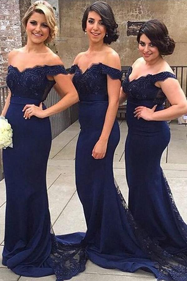 Mermaid Off-the-Shoulder Sweep Train Navy Blue Bridesmaid/Prom Dress (ZD13207)