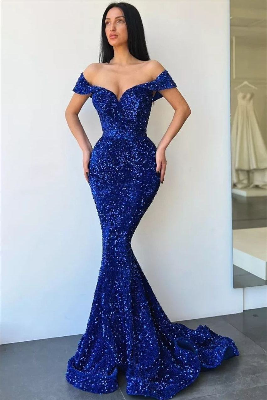 Mermaid Off-the-shoulder Sweetheart Floor-Length Sleeveless Sequined Prom Dress