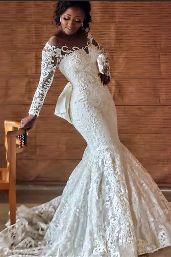 Mermaid Round Collar Long Sleeves Backless Floor-Length Charmeuse Applique Wedding Dress