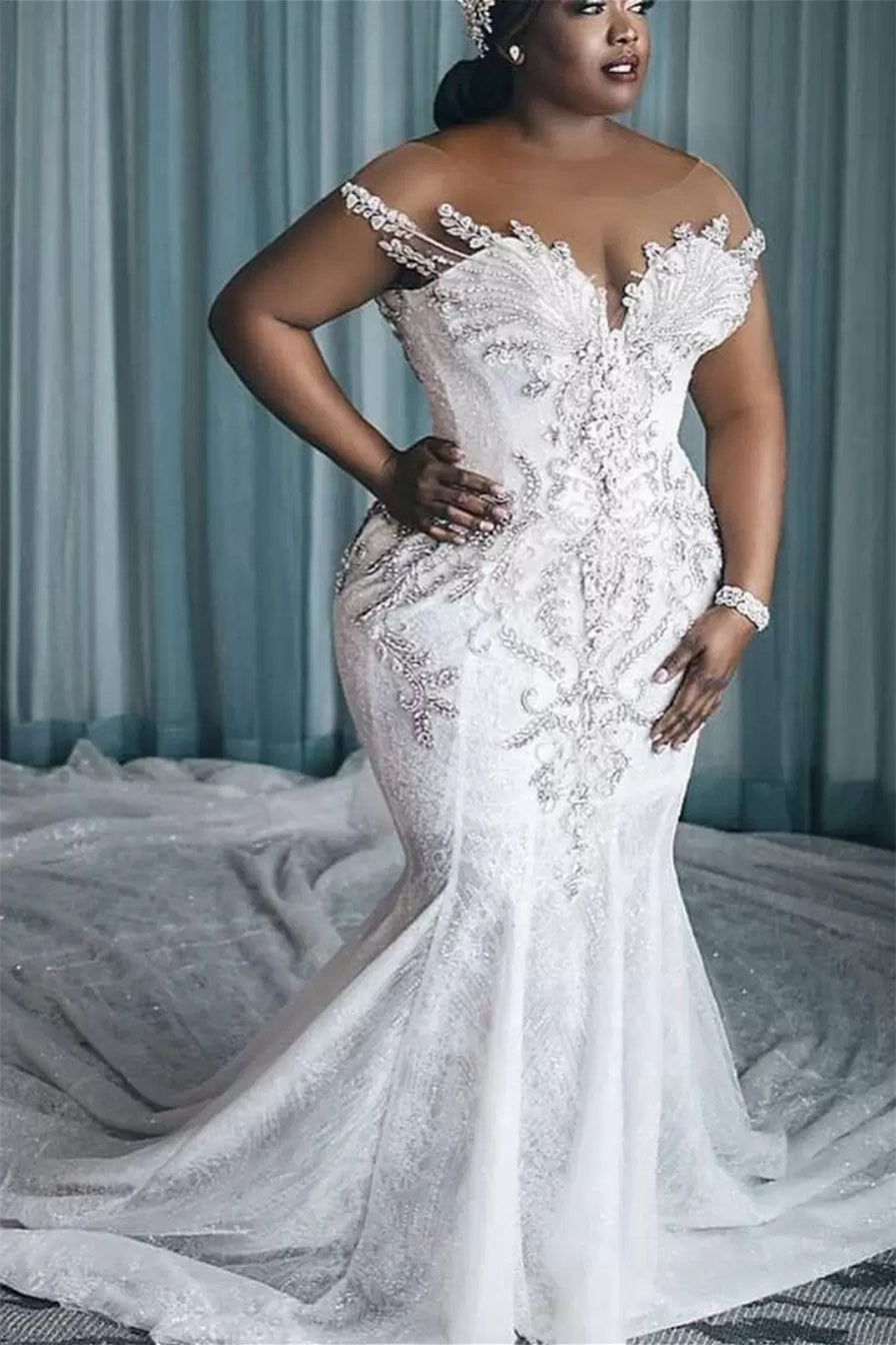 Mermaid Round Lace Applique Short Sleeve Floor-Length Beaded Wedding Dress