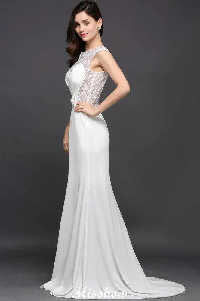 Mermaid Scoop White Chiffon Beadings Evening Dress (ZD13891)