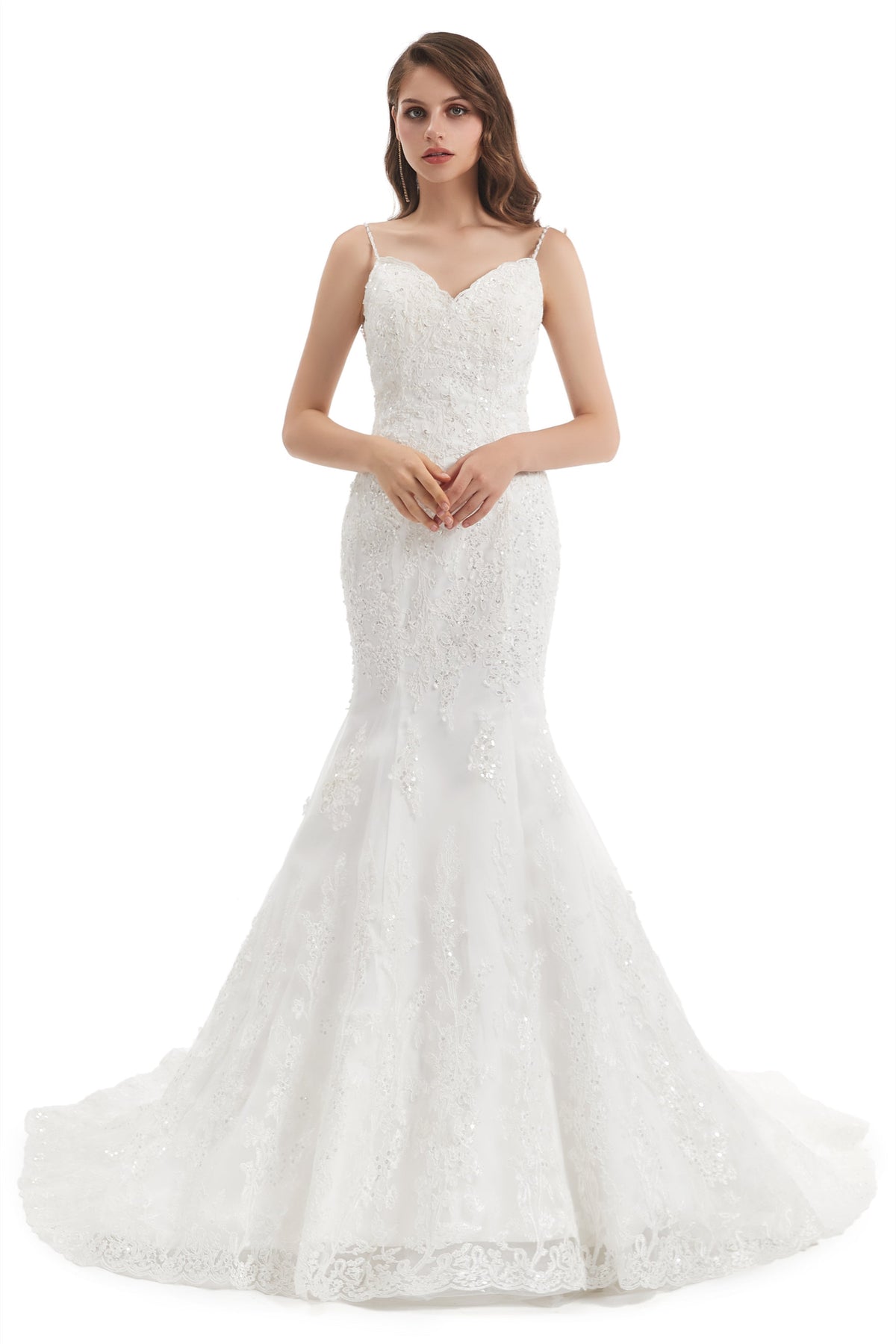 Mermaid Spaghetti strap Sweetheart Sequined Floor-Length Sleeveless Backless Appliques Lace Wedding Dress