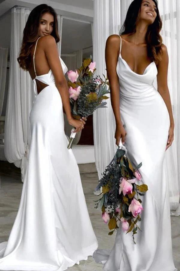 Mermaid Spaghetti Straps Backless Court Train White Wedding Dress (ZD16361)