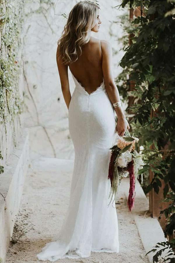 Mermaid Spaghetti Straps Low Cut Backless Lace Wedding Dress (ZD15395)
