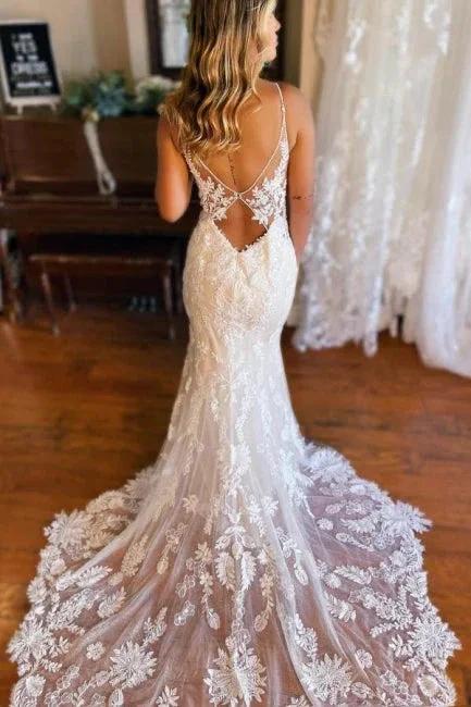 Mermaid Spaghetti Straps V-neck Backless Lace Wedding Dresses (ZD16400)