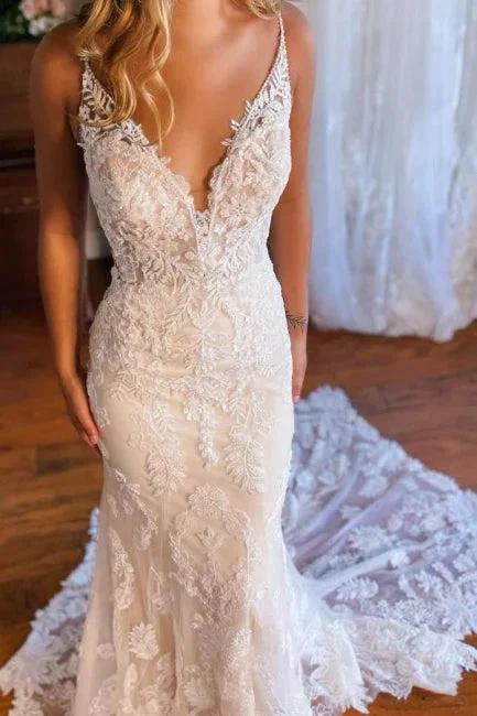 Mermaid Spaghetti Straps V-neck Backless Lace Wedding Dresses (ZD16400)