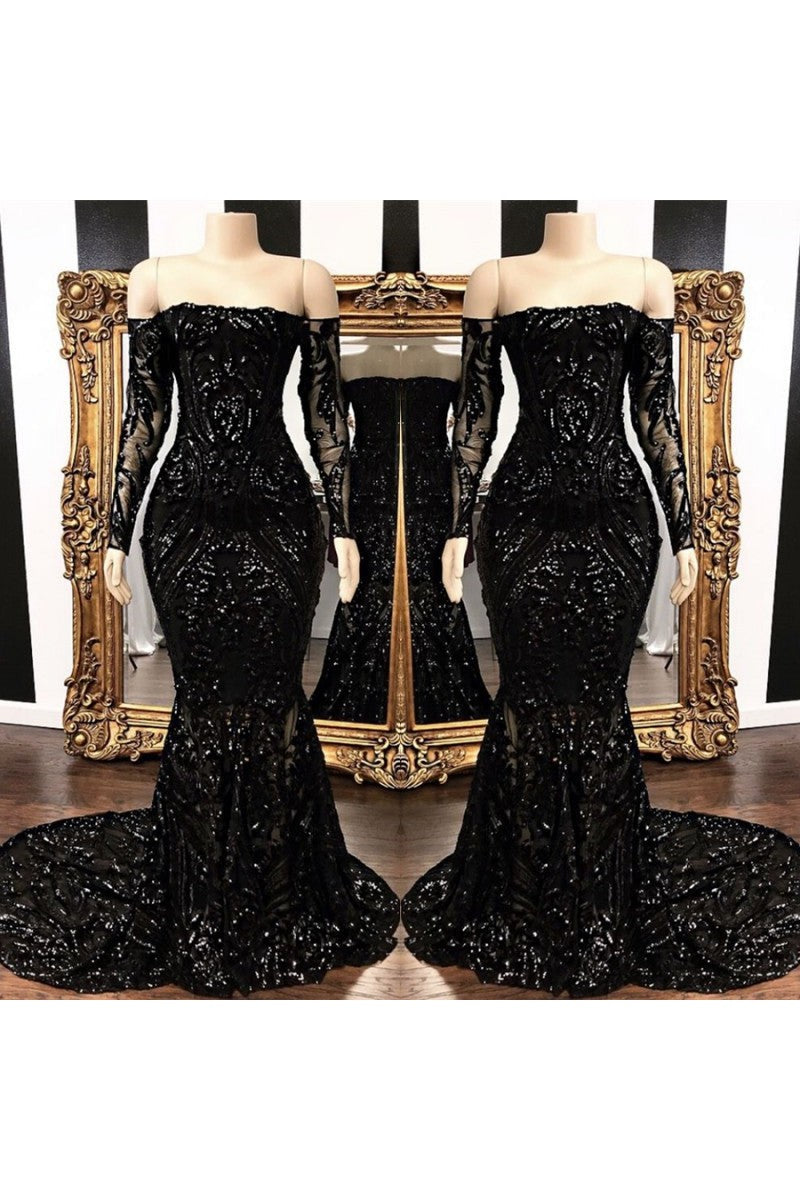 Mermaid Strapless Court Length Long Sleeve Beaded Paillette Embroidery Prom Dress