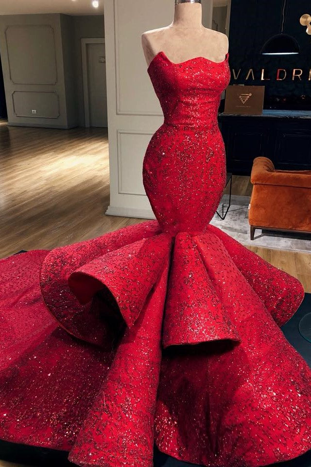 Mermaid Strapless Floor-Length Chapel Paillette Prom Dress