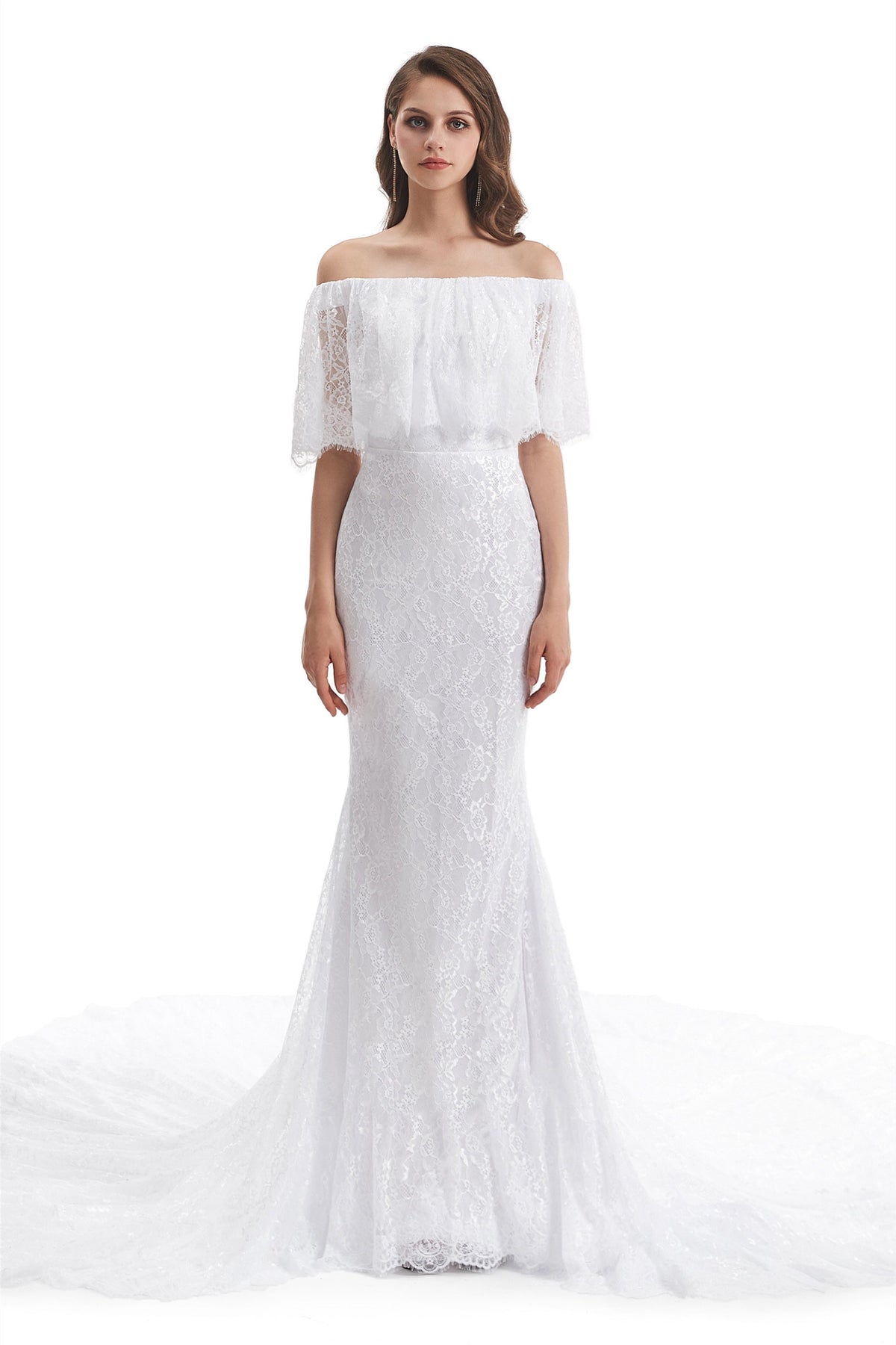 Mermaid Strapless Floor-Length Off-the-shoulder Appliques Lace Short Sleeve Floor-Length Wedding Dress