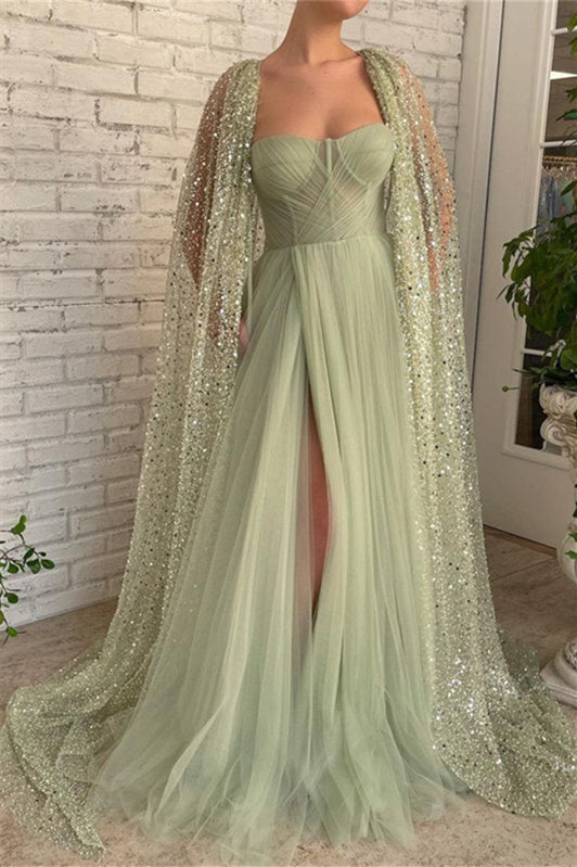 Mermaid Strapless Lace Sequined Floor-Length Sleeveless With Shawl High Split Prom Dress