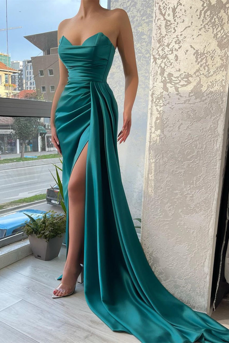 Mermaid Strapless Sweetheart Ruffles Floor-Length Sleeveless Open Back Side Train High Split Prom Dress