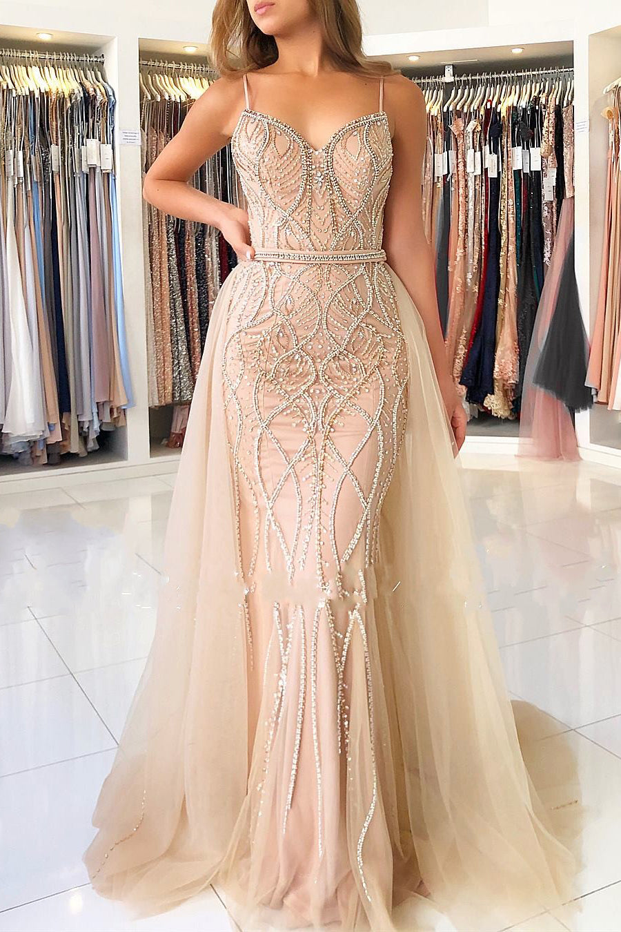 Mermaid Sweetheart Beading Long Prom Dress With Tulle Train - View 2 | VelvetHem