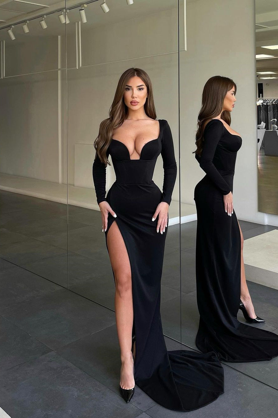 Mermaid Sweetheart Floor-Length Long Sleeve Open Back Side Train High Split Prom Dress