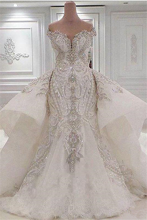 Mermaid Sweetheart Floor-Length Wide Hem Tulle Beading Wedding Dress