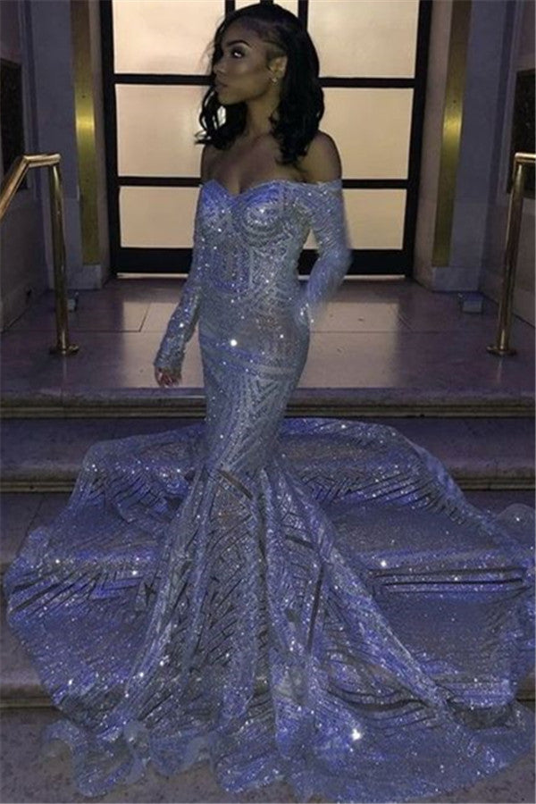 Mermaid Sweetheart Long Sleeve Chapel Paillette Hollow Out Prom Dress