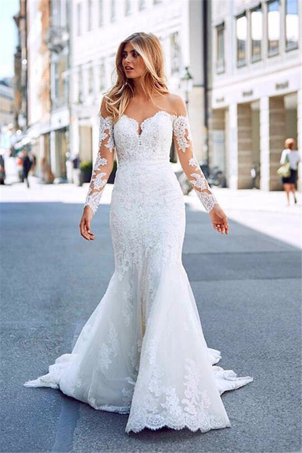 Mermaid Sweetheart Long Sleeve Floor-Length Chapel Backless Applique Wedding Dress