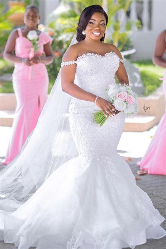 Mermaid Sweetheart Off-the-shoulder Floor-Length Sleeveless Backless Appliques Lace Wedding Dress