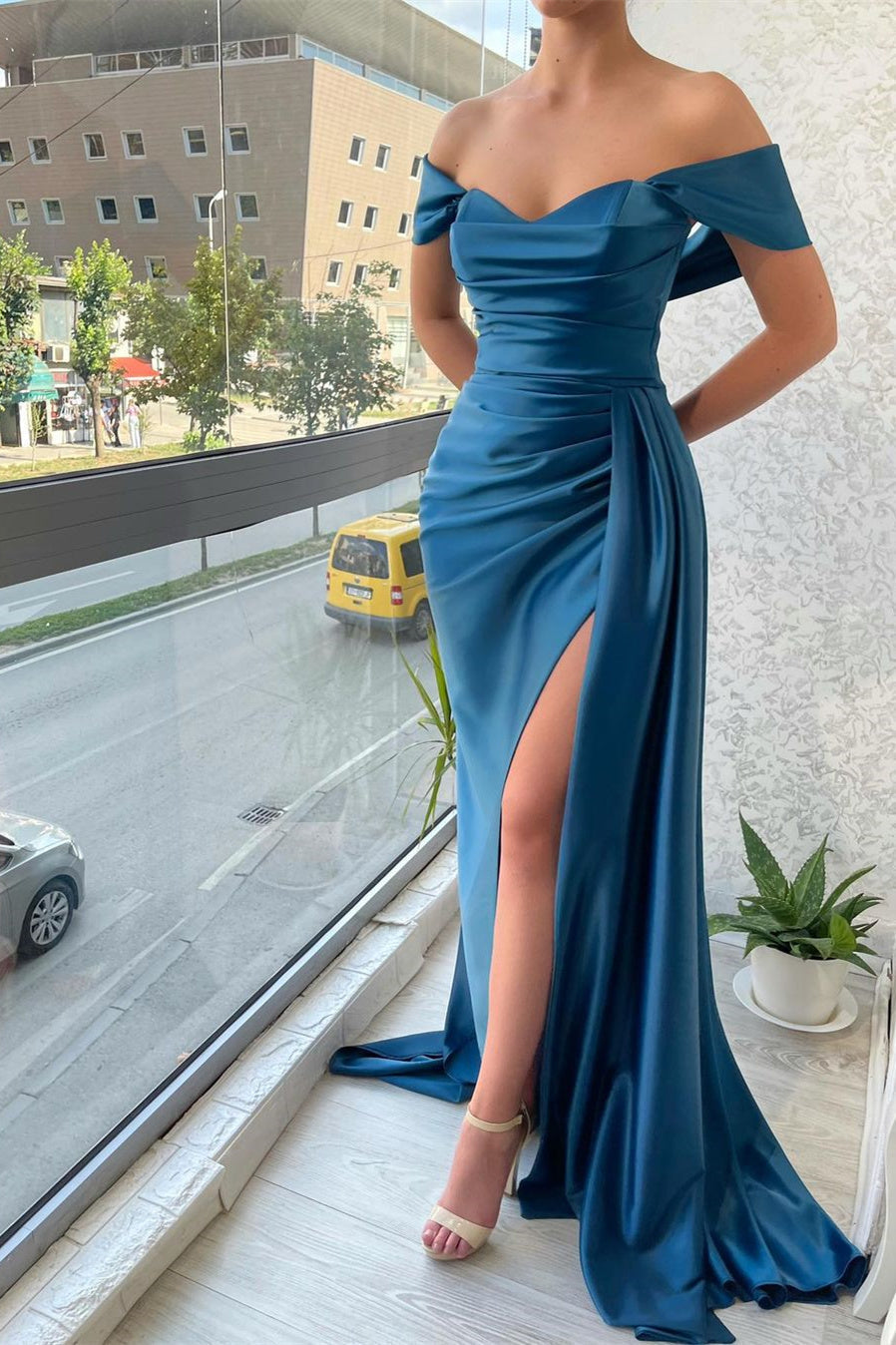 Mermaid Sweetheart Ruffles Floor-Length Off-the-shoulder Open Back Side Train High Split Prom Dress