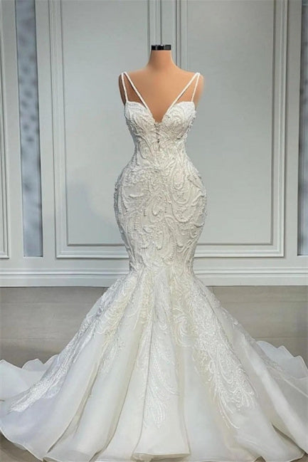 Mermaid Sweetheart Spaghetti strap Lace Floor-Length Sleeveless Applique Beaded Wedding Dress
