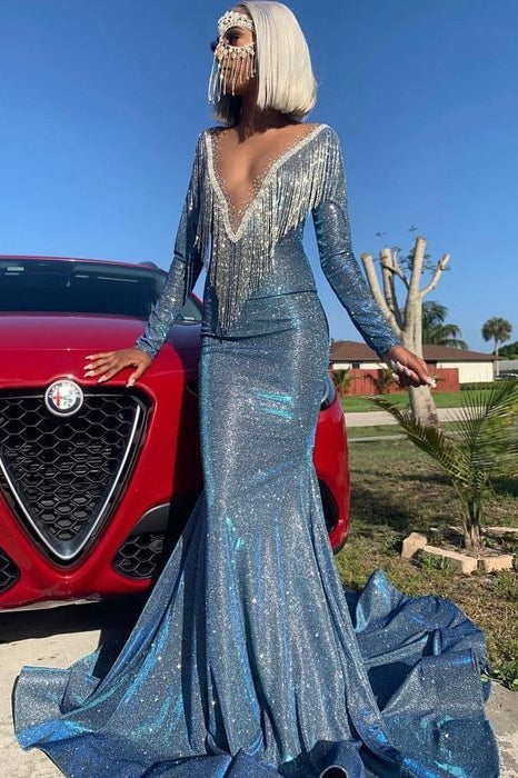 Mermaid Transparent Deep V-Neck -Round Collar Floor-Length Sequin Fringe Prom Dress