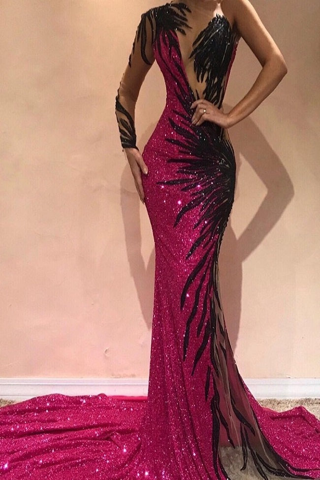 Mermaid Transparent Round Collar Chapel One-Shoulder Long Sleeve Backless Paillette Prom Dress