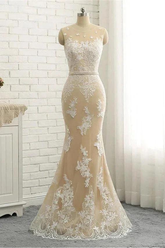 Mermaid \ Trumpet Jewel Neck Chapel Train Lace Tulle Lace Over Satin Regular Straps Formal See-Through Wedding Dresses (ZD16572)