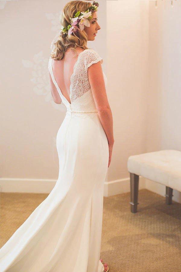 Mermaid V-Neck Court Train Low Cut Satin Wedding Dress with Lace (ZD15408)