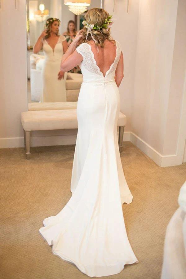 Mermaid V-Neck Court Train Low Cut Satin Wedding Dress with Lace (ZD15408)