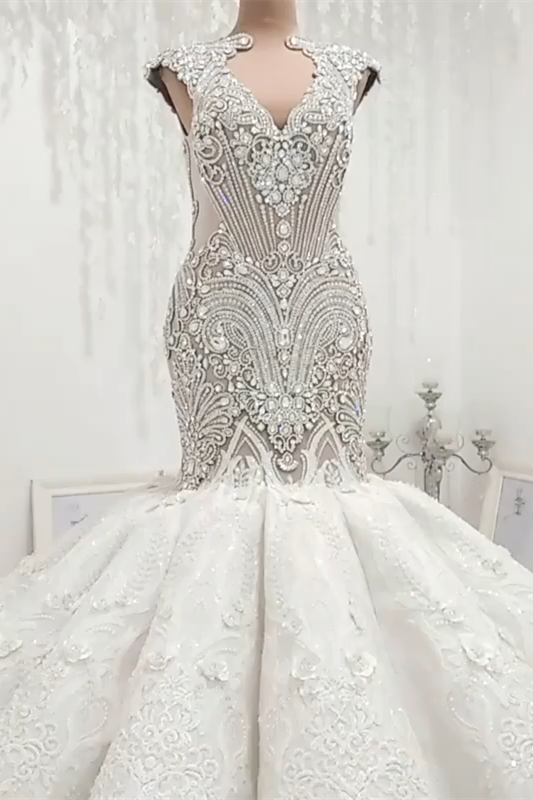 Mermaid V-Neck Floor-Length Backless Tulle Beading Applique Wedding Dress