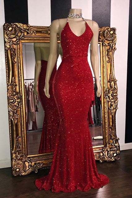 Mermaid V-Neck Halter Floor-Length Ruffle Hem Paillette Prom Dress