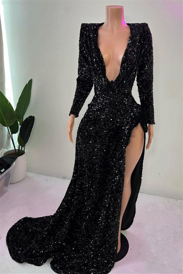 Mermaid V-Neck High Split Sequined Floor-Length Long Sleeve Prom Dress