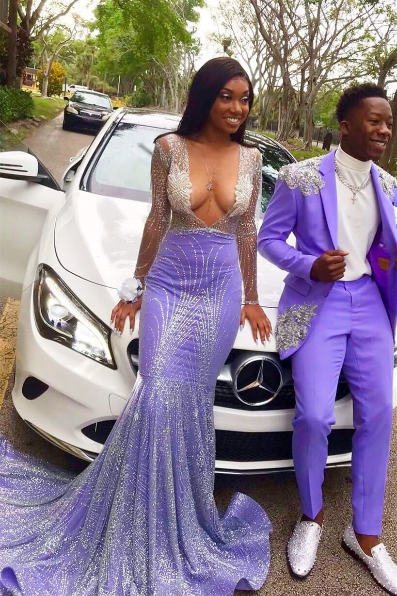 Mermaid V-Neck Lace Sequined Applique Floor-Length Long Sleeve Prom Dress