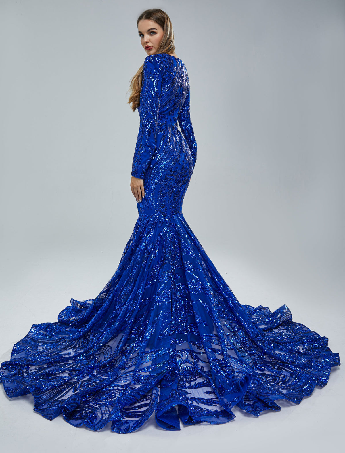 Mermaid V-neck Lace Sequined Floor-length Long Sleeve Elegant Prom Dress