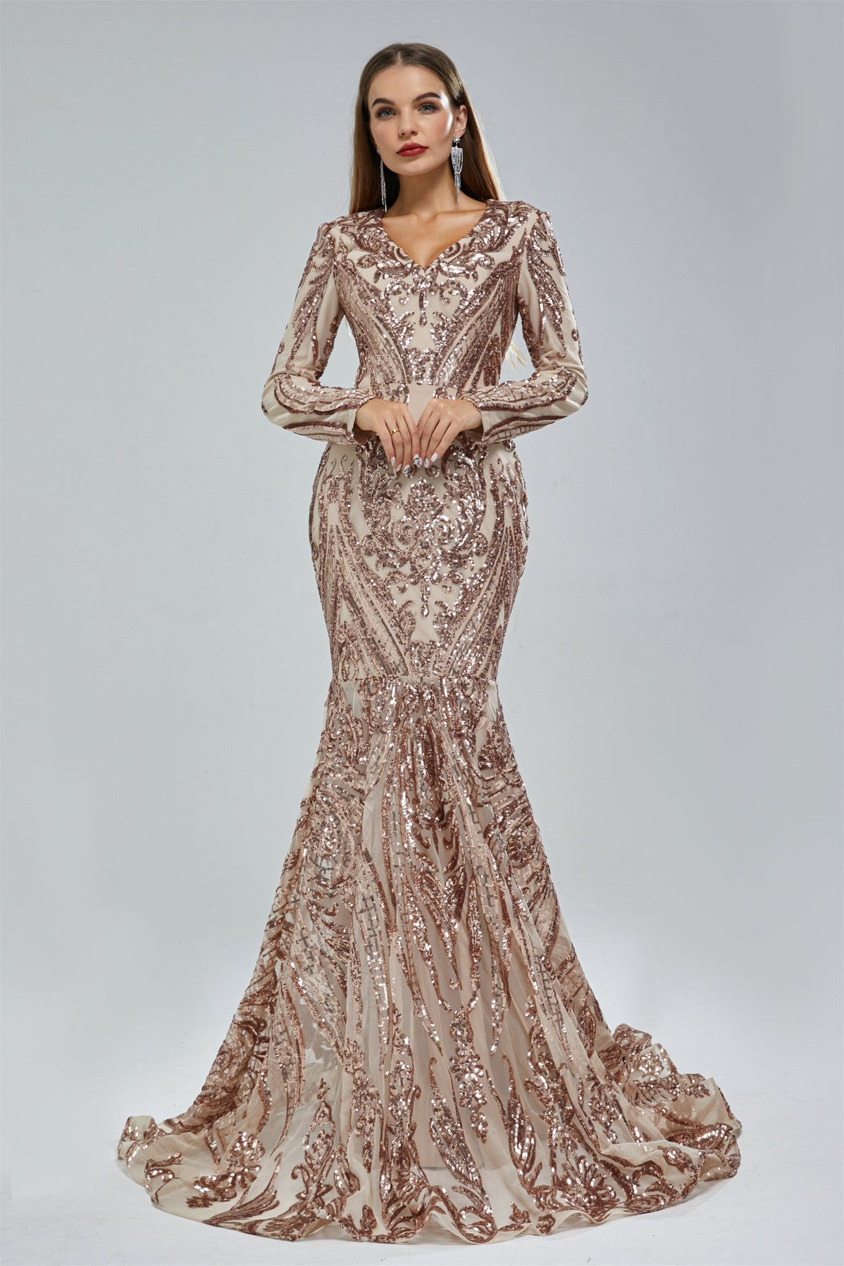 Mermaid V-Neck Lace Sequined Floor-Length Long Sleeve Elegant Prom Dress
