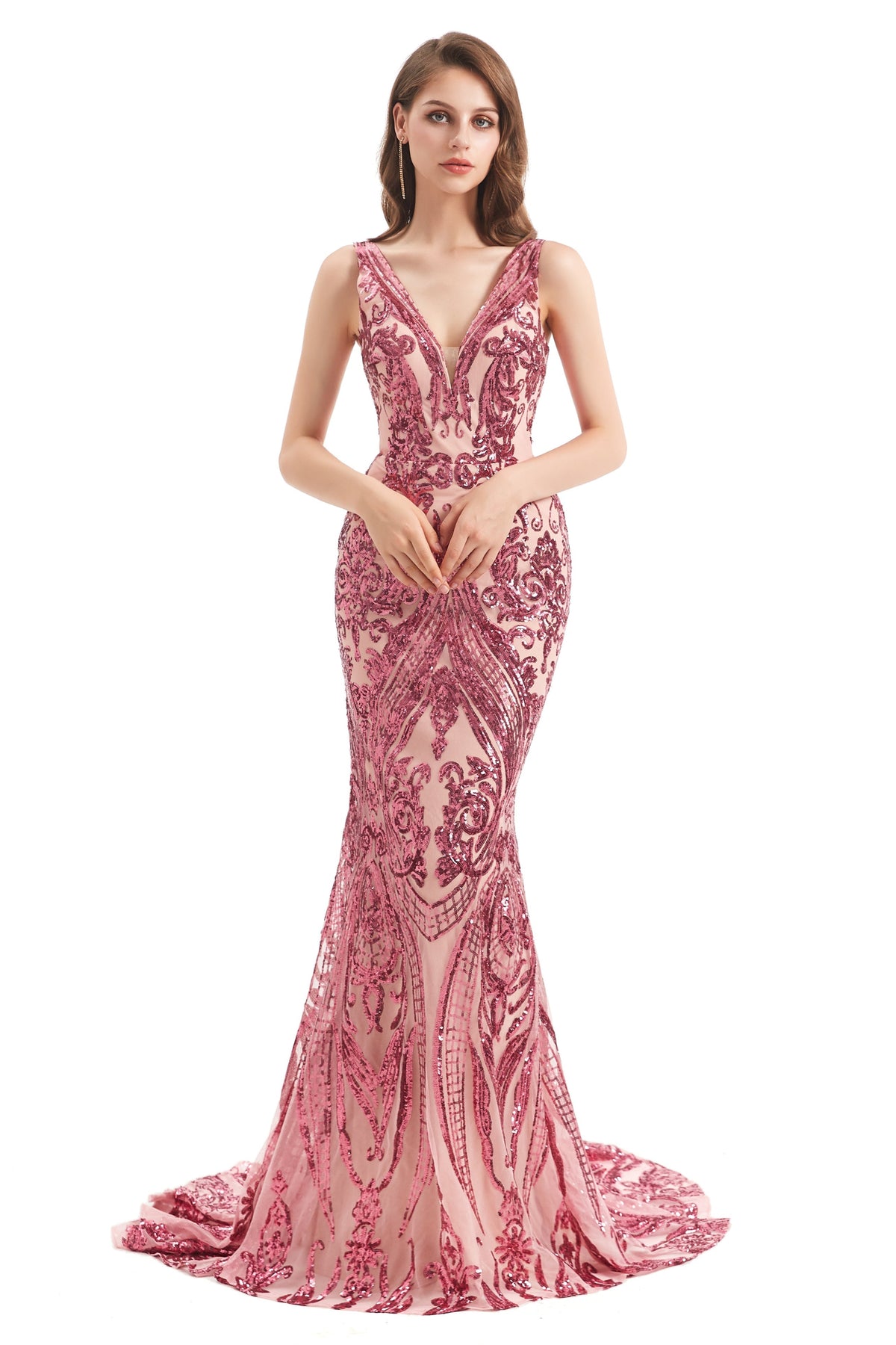 Mermaid V-Neck Lace Sequined Floor-Length Sleeveless Open Back Prom Dress