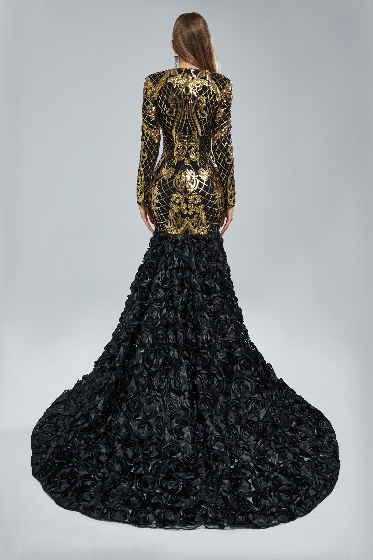 Mermaid V-Neck Long sleeves Floor-Length Backless Flower Sequined Beautiful Prom Dress